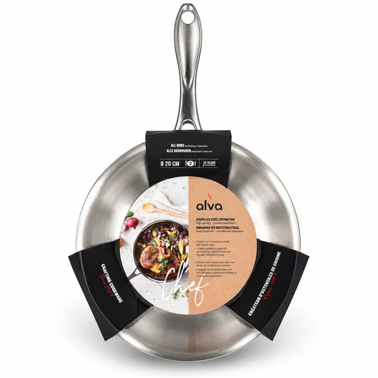Alva Chef RVS braadpan 20 cm met originele verpakking op witte achtergrond