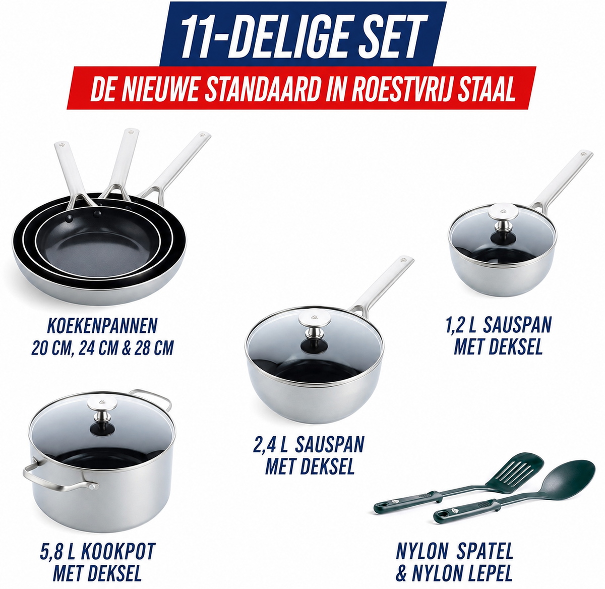 Blue Diamond Triple Steel Pannenset 11-delig - Keramisch RVS