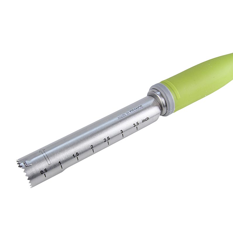 Detail van de De Buyer groentenboor 20 mm met groen handvat en maatverdeling