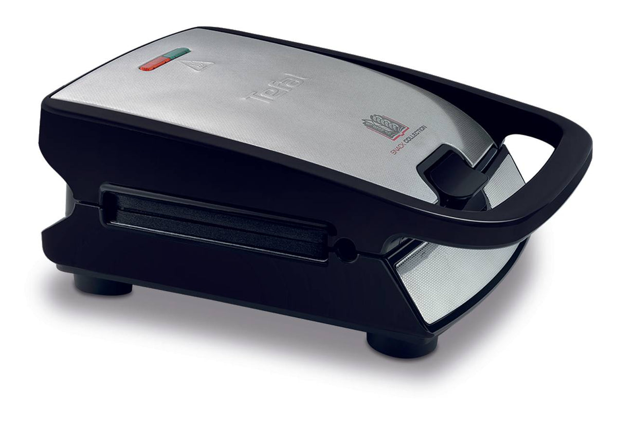 Tefal Snack Collection SW857D contactgrill schuin van opzij, met deksel en handgreep in beeld