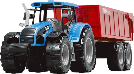 Jolly Vroom Tractor Bl/Rd/Gr met bakwagen