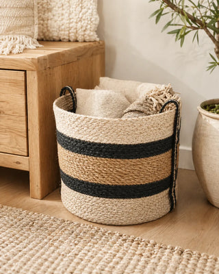 Fair Trade mand jute en hogla Ø 35 x H 28 cm - beige en zwart