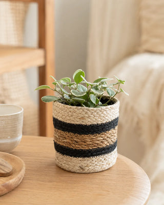 Fair Trade mandje jute en hogla 15 cm - beige en zwart
