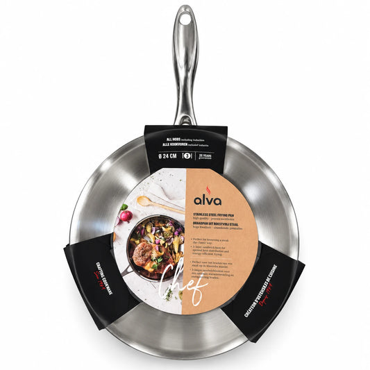 Alva Chef RVS braadpan 24 cm met originele verpakking op witte achtergrond