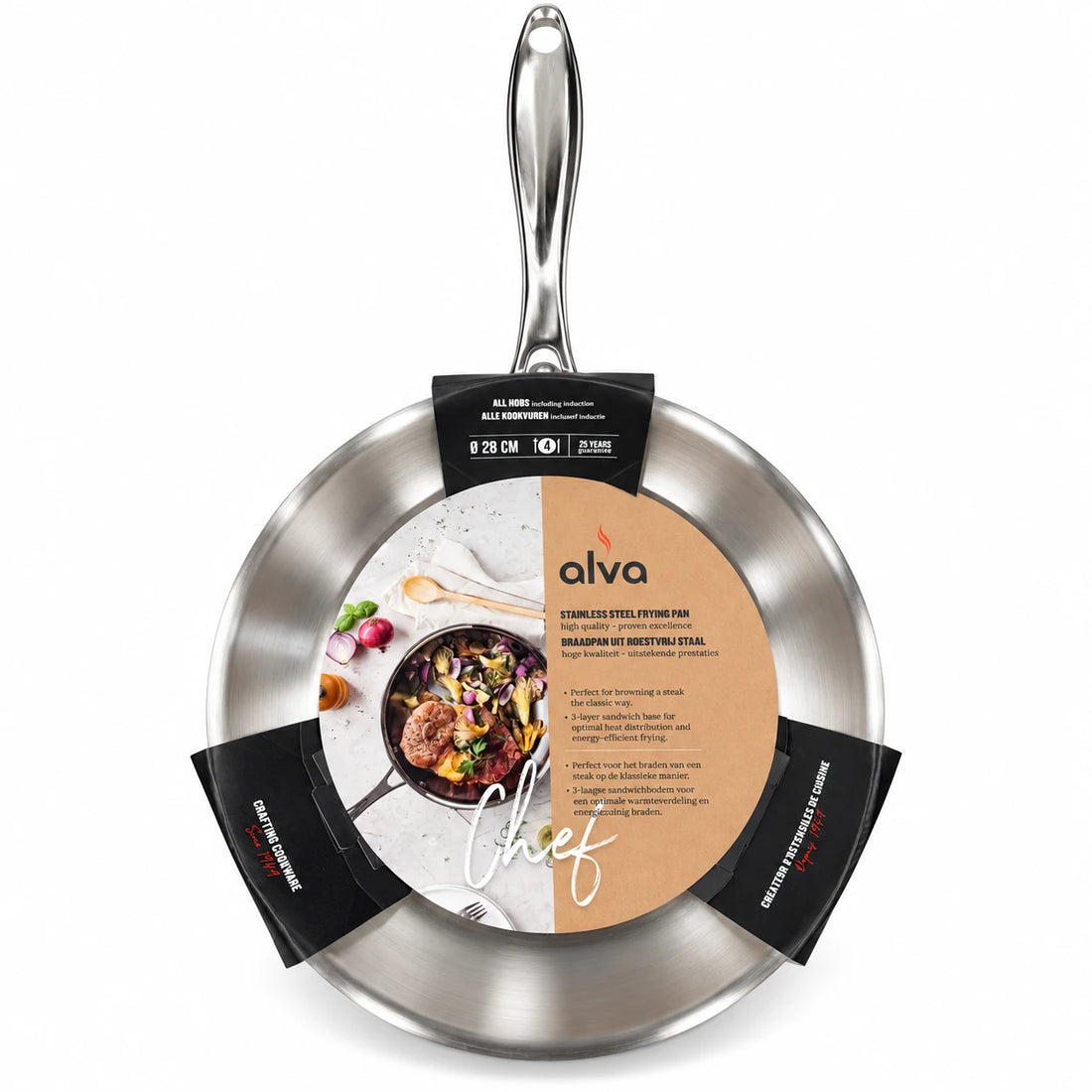 Alva Chef RVS braadpan 28 cm met originele verpakking op witte achtergrond