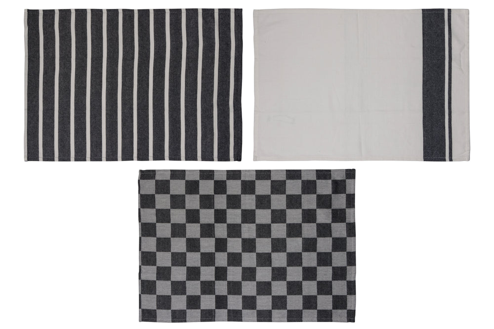 De drie zwarte Cosy & Trendy keukenhanddoeken volledig uitgevouwen