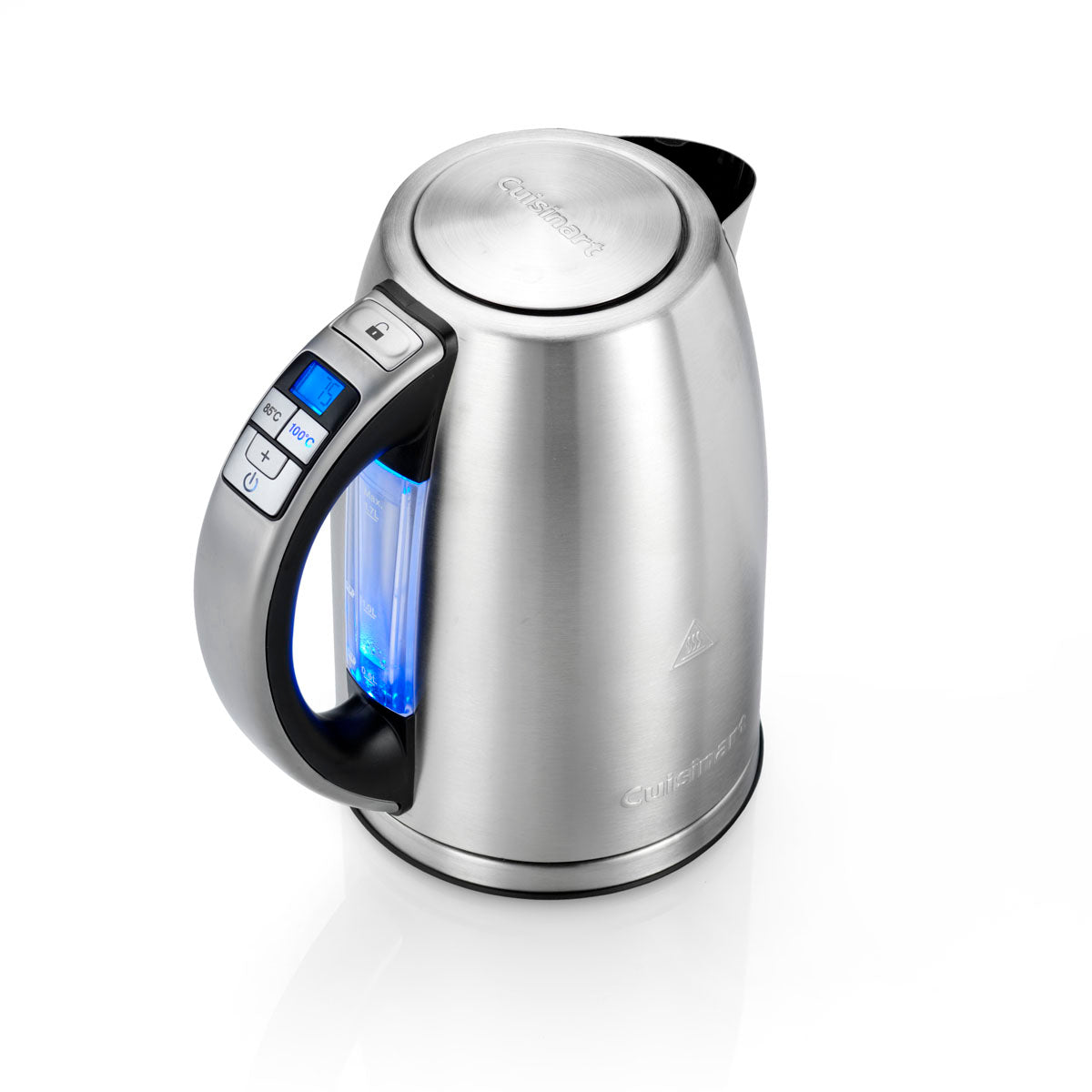 Cuisinart CPK17E waterkoker in geborsteld staal, schuin van boven met LCD-display en verlichte waterniveau-indicator