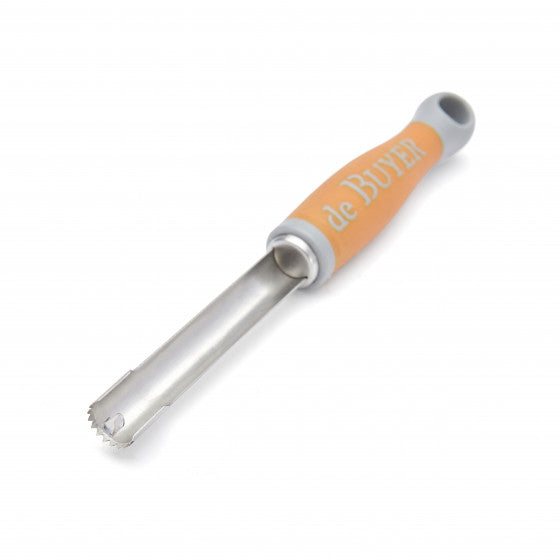 De Buyer groentenboor 12 mm met oranje handvat, schuin aanzicht