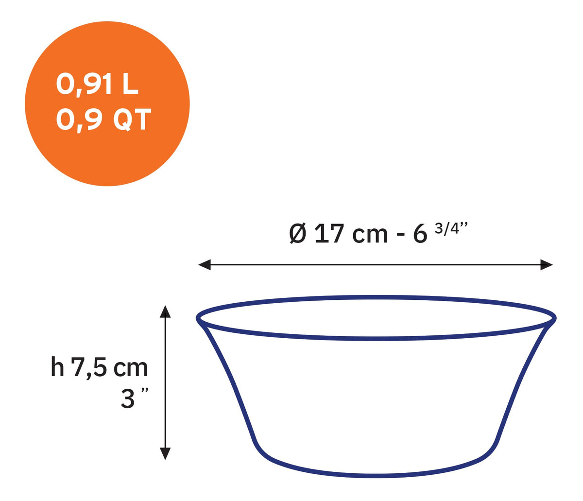 Afmetingen Duralex Lys kom: diameter 17 cm, hoogte 7,5 cm, inhoud 0,91 liter
