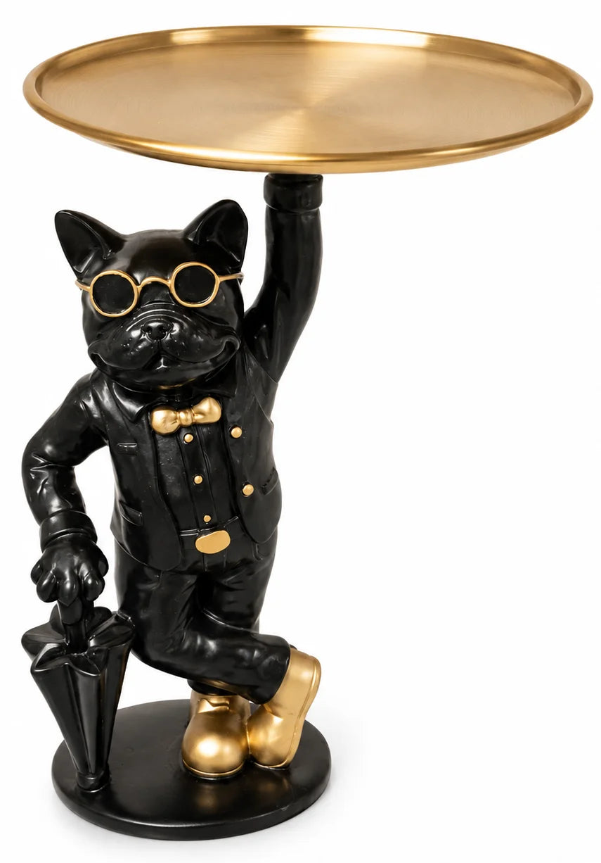 Decoratief beeldje Franse bulldog met gouden dienblad - zwart/goud 27 cm