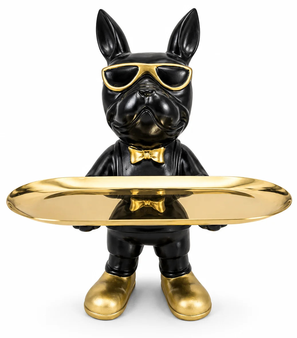 Decoratief beeldje Franse bulldog met ovaal gouden dienblad - zwart/goud 29 cm
