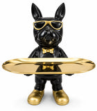 Decoratief beeldje Franse bulldog met ovaal gouden dienblad - zwart/goud 29 cm