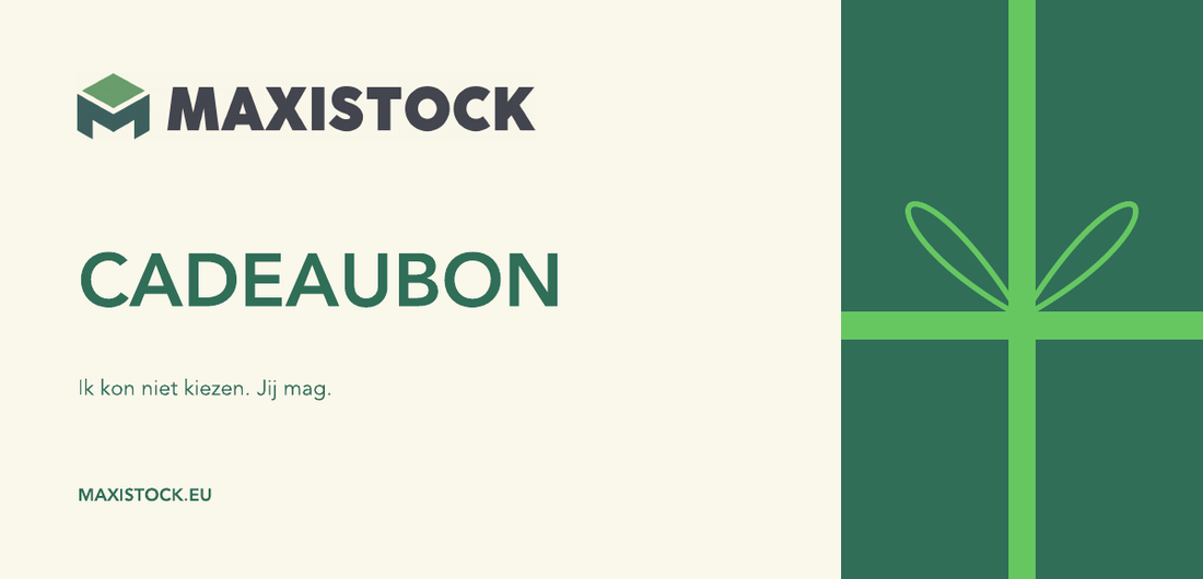 Voorzijde Maxistock cadeaubon — Ik kon niet kiezen. Jij mag.