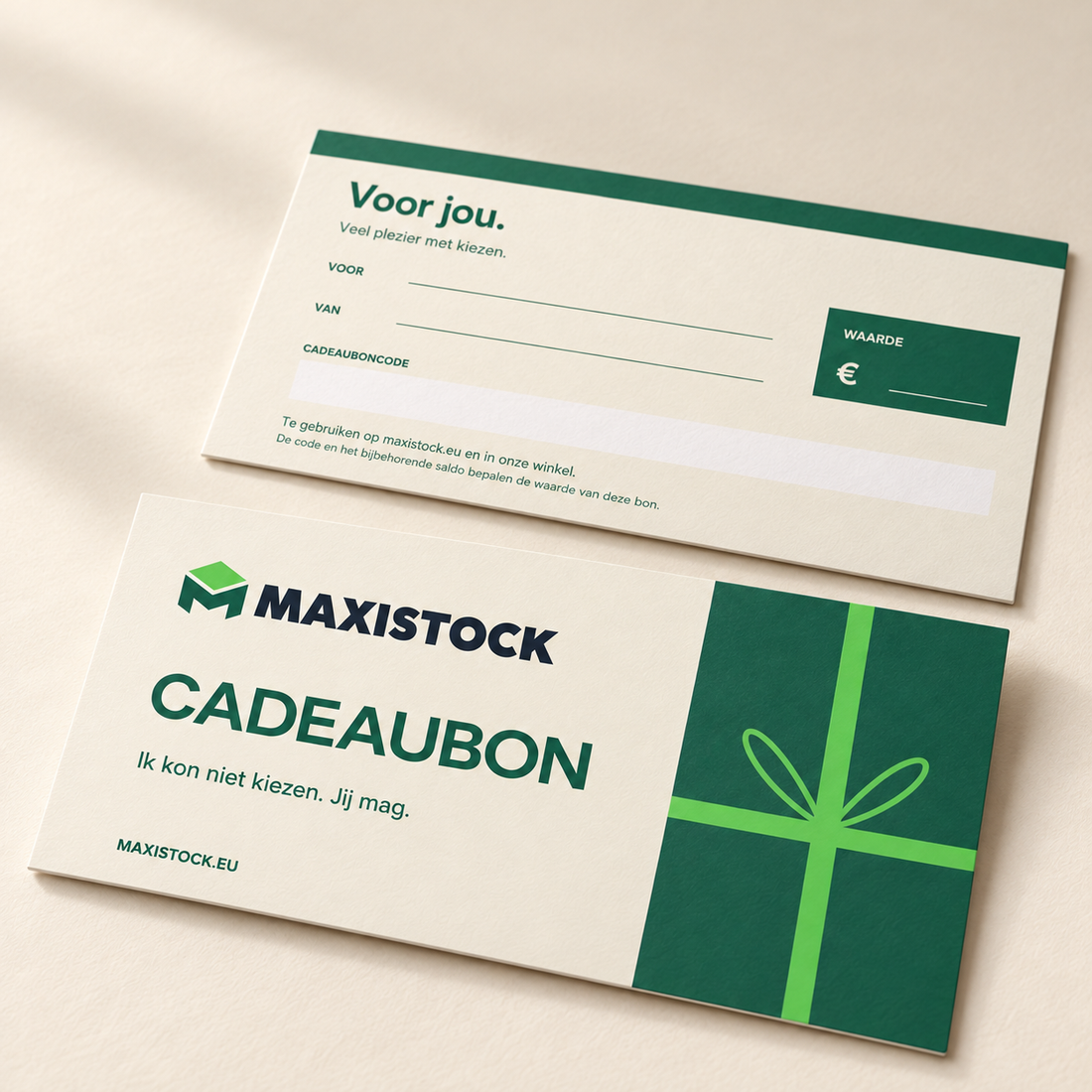 Maxistock cadeaubon per post, DIN 210 × 98 mm — Ik kon niet kiezen. Jij mag.