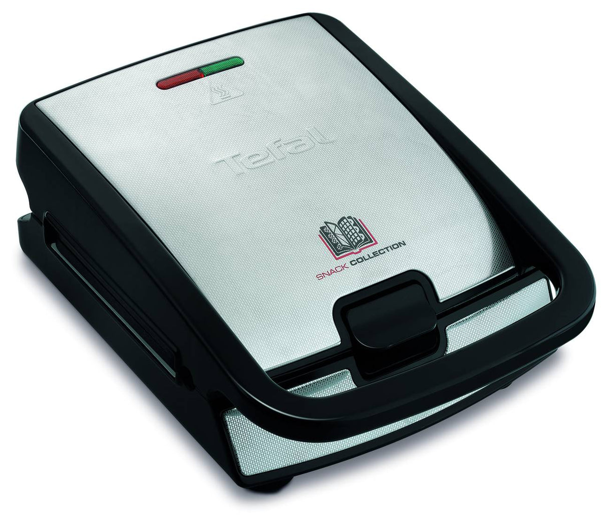 Tefal Snack Collection SW857D contactgrill, gesloten, met zilverkleurig deksel en zwarte handgreep