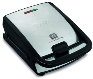 Tefal Snack Collection SW857D contactgrill, gesloten, met zilverkleurig deksel en zwarte handgreep