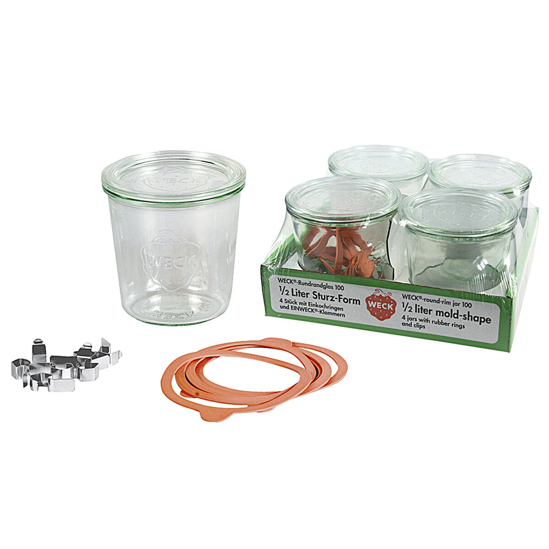 Weck set van 4 bokalen van 500 ml met deksels, ringen en klemmen; losse bokaal toont het model